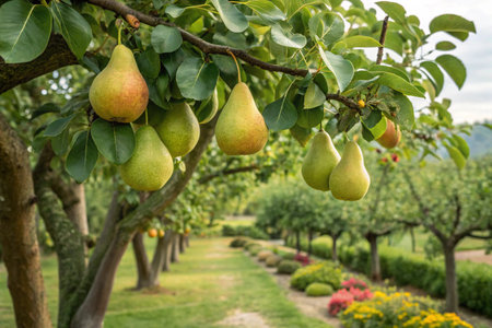 Ripe pears growing on a tree in an orchard.の素材