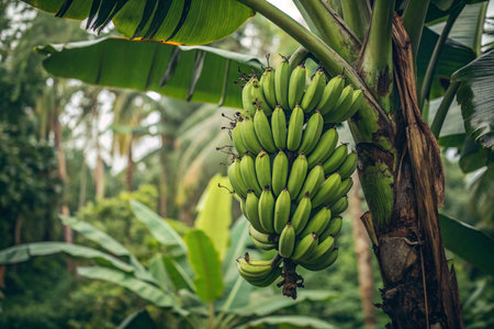 Banana tree with bunch of ripe green bananas growing in the gardenの素材