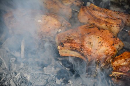 Grilled pork ribs on the coals in the smoke, close-upの写真素材