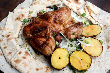 roasted chicken with potatoes and onion on pita bread, closeupの写真素材