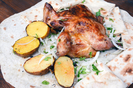 Roast chicken with potatoes and onion on a pita bread.の写真素材