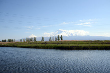 Beautiful natural landscape with mountains and river. Trees on the banks of lakes and river, green fields and Mount Ararat with snowy peaks.の写真素材