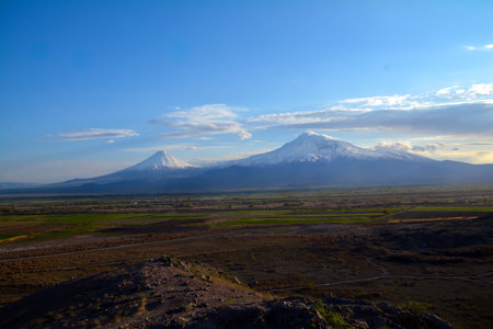 Beautiful natural landscape with mountains. Mount Ararat with snowy peaks.の写真素材