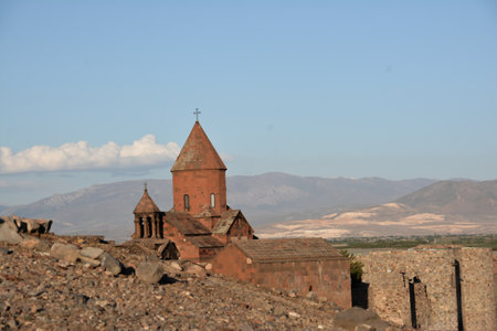 Monastery in the middle of the mountains. Armenian Apostolic Church Khor Virap. Church in the middle of the fortress. Armenian architecureの写真素材