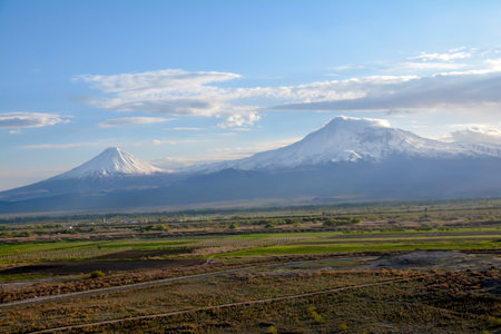 Beautiful mountain view with snow-capped peaks.の写真素材