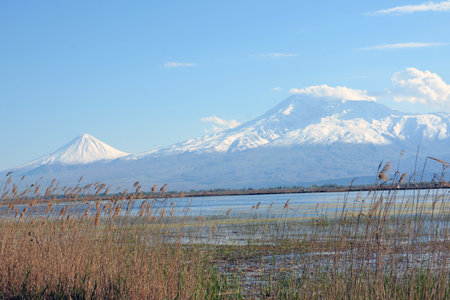 Lake and mountain landscape in Yamanashi, Japanの写真素材