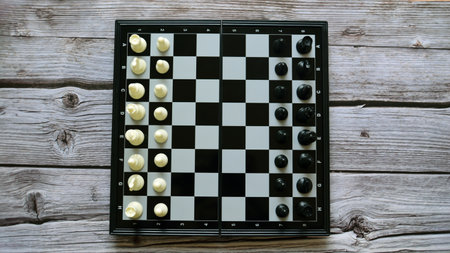 chess board on a wooden background, black and white chess pieces