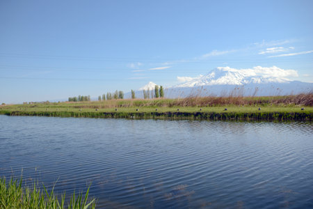lake with snow mountain in the background.の写真素材