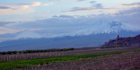 Panoramic view of a mountain at sunset.の写真素材