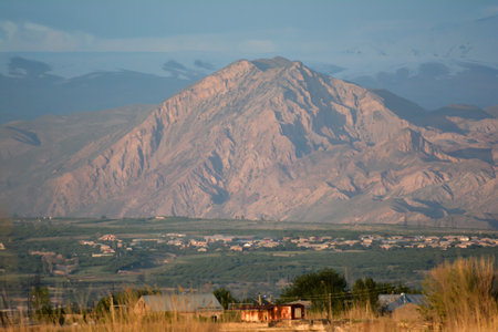 View of the mountains and the village of Khor Virap in Armeniaの写真素材