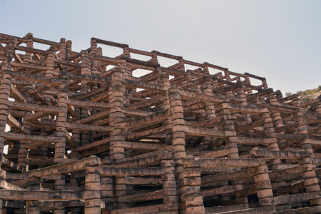 Old wooden scaffolding at the top of the mountain in Armeniaの写真素材