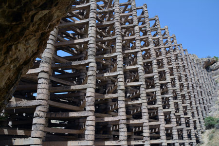 Wooden scaffolding at a construction site on the island of Creteの写真素材
