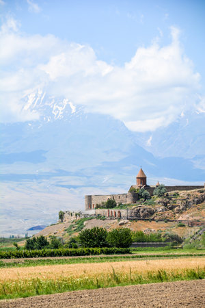 Church and beautiful natural landscape. Monastery in nature. Armenian Church in mount. Beautiful architecture of the church. Monastery against the backdrop of rocky mountains.の写真素材