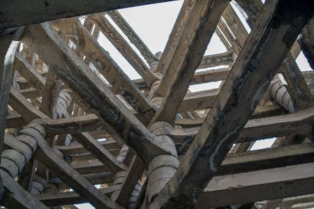 Abandoned steel structure, close-up of a construction.の写真素材