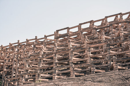 Old wooden fence in the countryside, Armenia. Selective focus.の写真素材