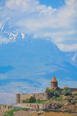 Church and beautiful natural landscape. Monastery in nature. Armenian Church Khor Virap. Beautiful architecture of the church. Monastery against the backdrop of rocky mountains.の写真素材