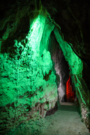 Interior view of a beautiful cave with light inside, Thailand.の写真素材