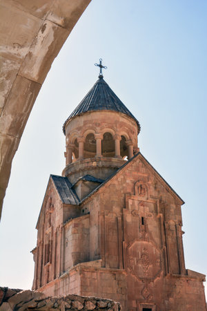 Church and beautiful natural landscape. Monastery in nature. Armenian Church in mount. Beautiful architecture of the church. Monastery against the backdrop of rocky mountains.の写真素材