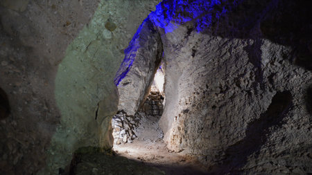 Interior of a cave with a view of the entrance to the caveの写真素材