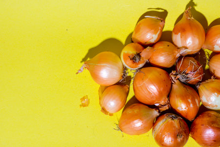 onions on a yellow background, close-up, copy spaceの写真素材