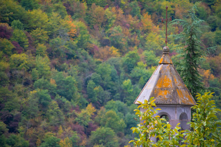Church in the forest. Dome and cross of the monastery. Dense forest and temple. Religion, Christianityの写真素材