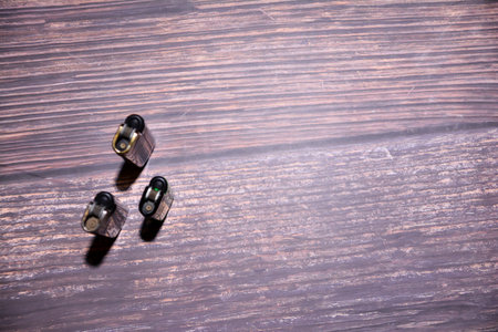 Lighter on a wooden background. Top view. Copy space.の写真素材