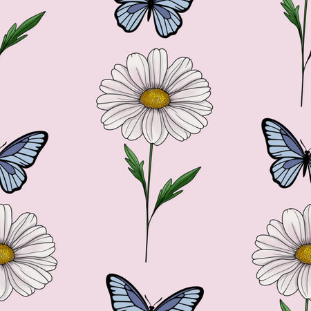 Daisy and Butterflies Big Design on Pastel Pink Backgroundの写真素材