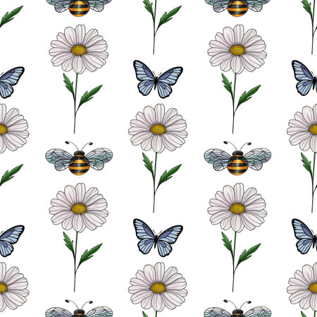 Daisy and Butterflies with Bee Seamless Pattern Small Design on White Backgroundの写真素材