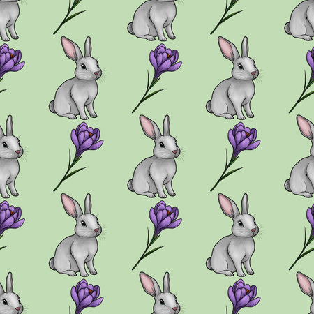 Cute Bunny with Crocus Seamless Pattern Small Design on Pastel Green Backgroundの写真素材