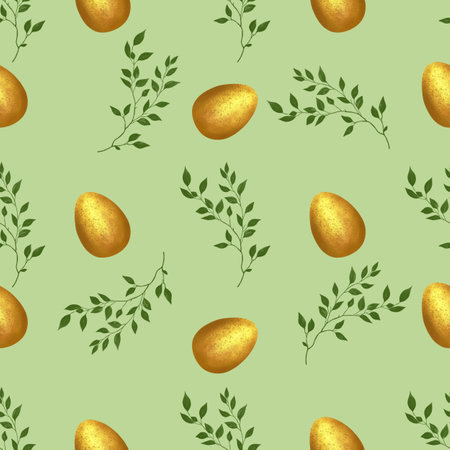 Green Easter Egg with Brunch on Green Background Seamless Patternの写真素材