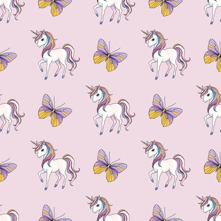 Unicorn with Lavender and Golden Butterfly Seamless Pattern Small Design on Pastel Pink Backgroundの写真素材