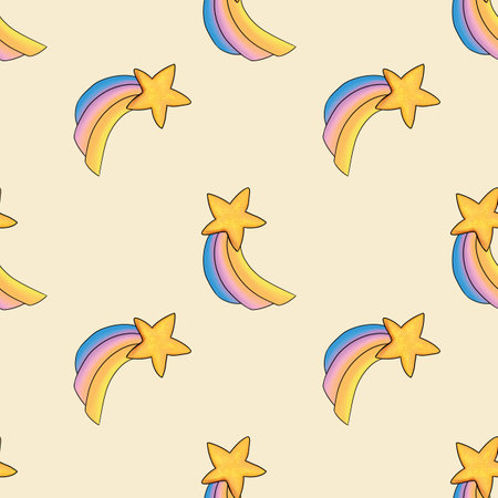 Rainbow Fallen Star Seamless Pattern Small Design on Pastel Yellow Backgroundの写真素材