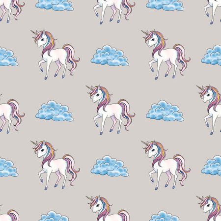 Unicorn with Cloud Seamless Pattern Small Design on Pastel Gray Backgroundの写真素材
