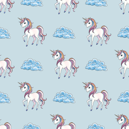 Unicorn with Cloud Seamless Pattern Small Design on Pastel Blue Backgroundの写真素材