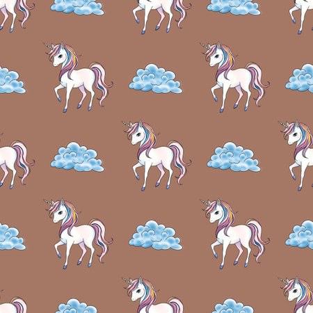 Unicorn with Cloud Seamless Pattern Small Design on Mocha Mosses Backgroundの写真素材