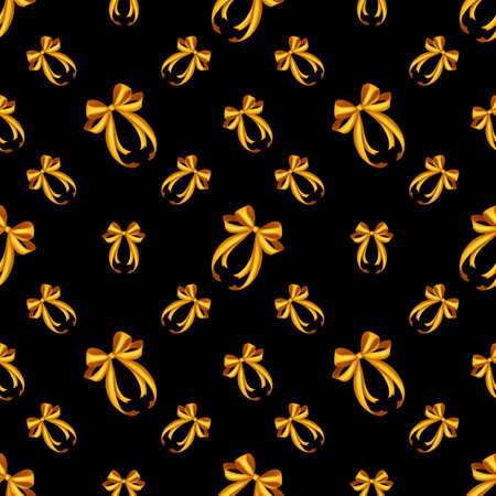 Gold Bows Seamless Pattern on Black Backgroundの写真素材