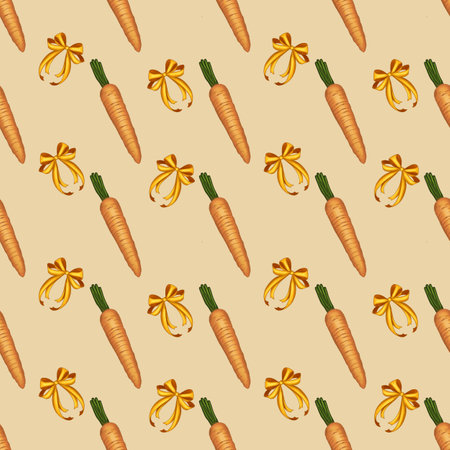 Seamless Pattern: Carrots with Golden Bows on Beige Background