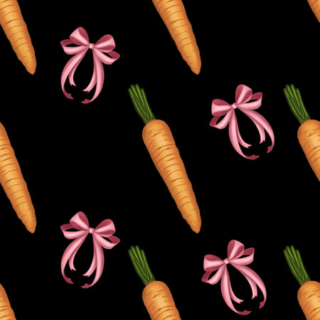 Seamless Pattern: Pink Bows and Carrots on Black Background