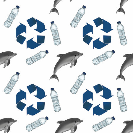 Marine Life and Plastic Pollution Small Design on White Backgroundの写真素材