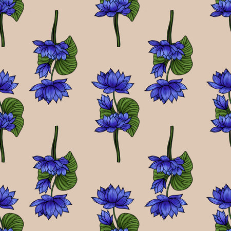 Blue Elegant Lotus with Leaves Small Seamless Pattern on Alpin Oat Backgroundの写真素材