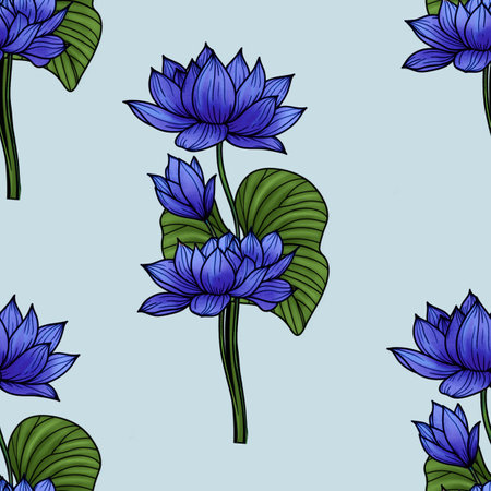 Blue Sacred Lotus with Leaves Big Seamless Pattern on Pastel Blue Backgroundの写真素材