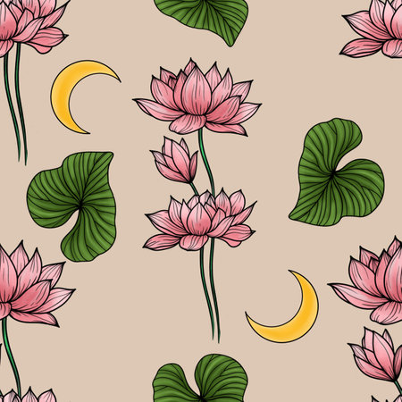 Pink Sacred Lotus with Leaves and Moon Big Seamless Pattern on Alpin Oat Backgroundの写真素材
