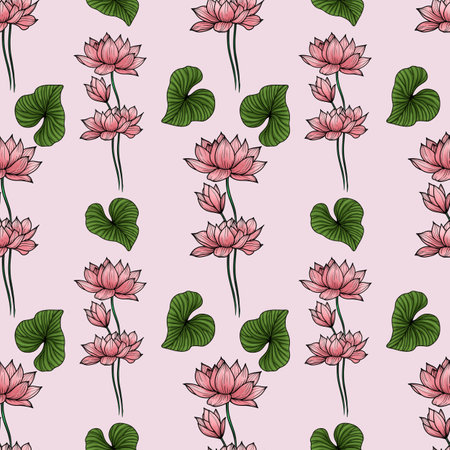 Pink Sacred Lotus with Green Leaves Small Seamless Pattern on Pastel Pink Backgroundの写真素材