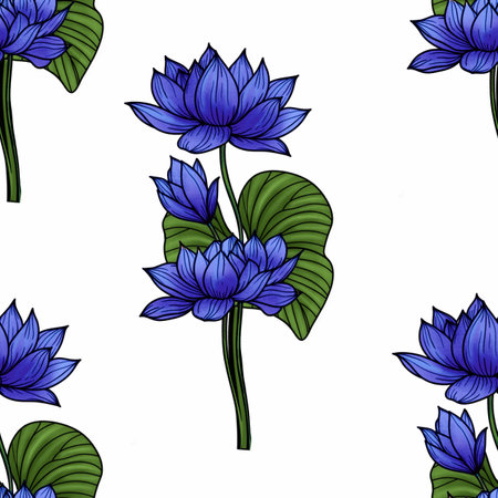Blue Sacred Lotus with Leaves Big Seamless Pattern on White Backgroundの写真素材