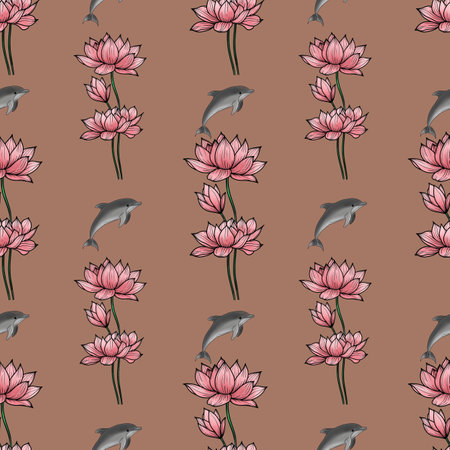 Pink Sacred Lotus Small Seamless Pattern on Mocha Mousse Backgroundの写真素材