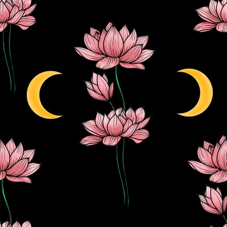 Pink Sacred Lotus with Moon Big Seamless Pattern on Black Backgroundの写真素材