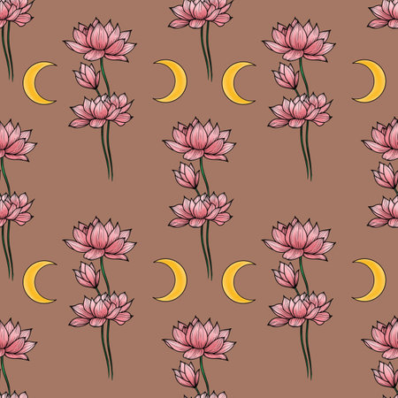 Pink Sacred Lotus with Moon Small Seamless Pattern on Mocha Mousse Backgroundの写真素材