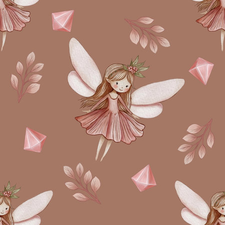 Seamless Pattern Cute Fairy and Crystal with Leaves Big Design on Mocha Mousse Backgroundの写真素材
