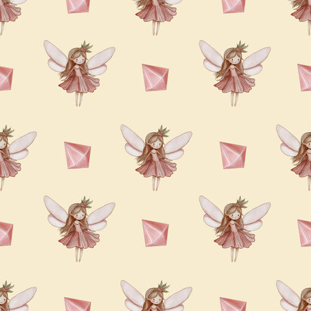Seamless Pattern Cute Fairy and Crystal Small Design on Pastel Yellow Backgroundの写真素材