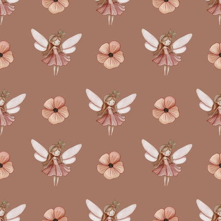 Seamless Pattern Cute Fairy with Flower Small Design on Mocha Mousse Backgroundの写真素材